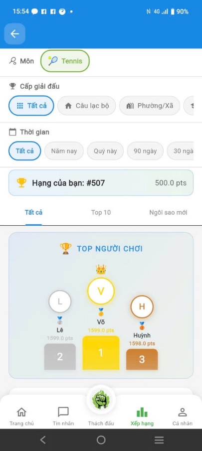 Bảng xếp hạng trên App SCVN